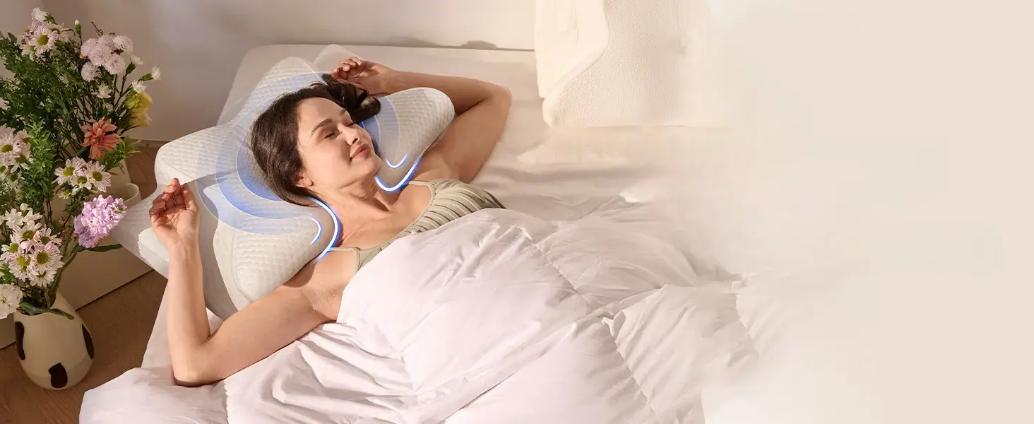 Woman resting on a white Emircey cervical pillow